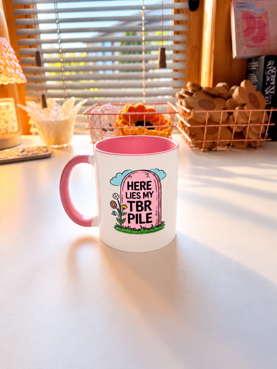 Here Lies My TBR Pile Pink Mug